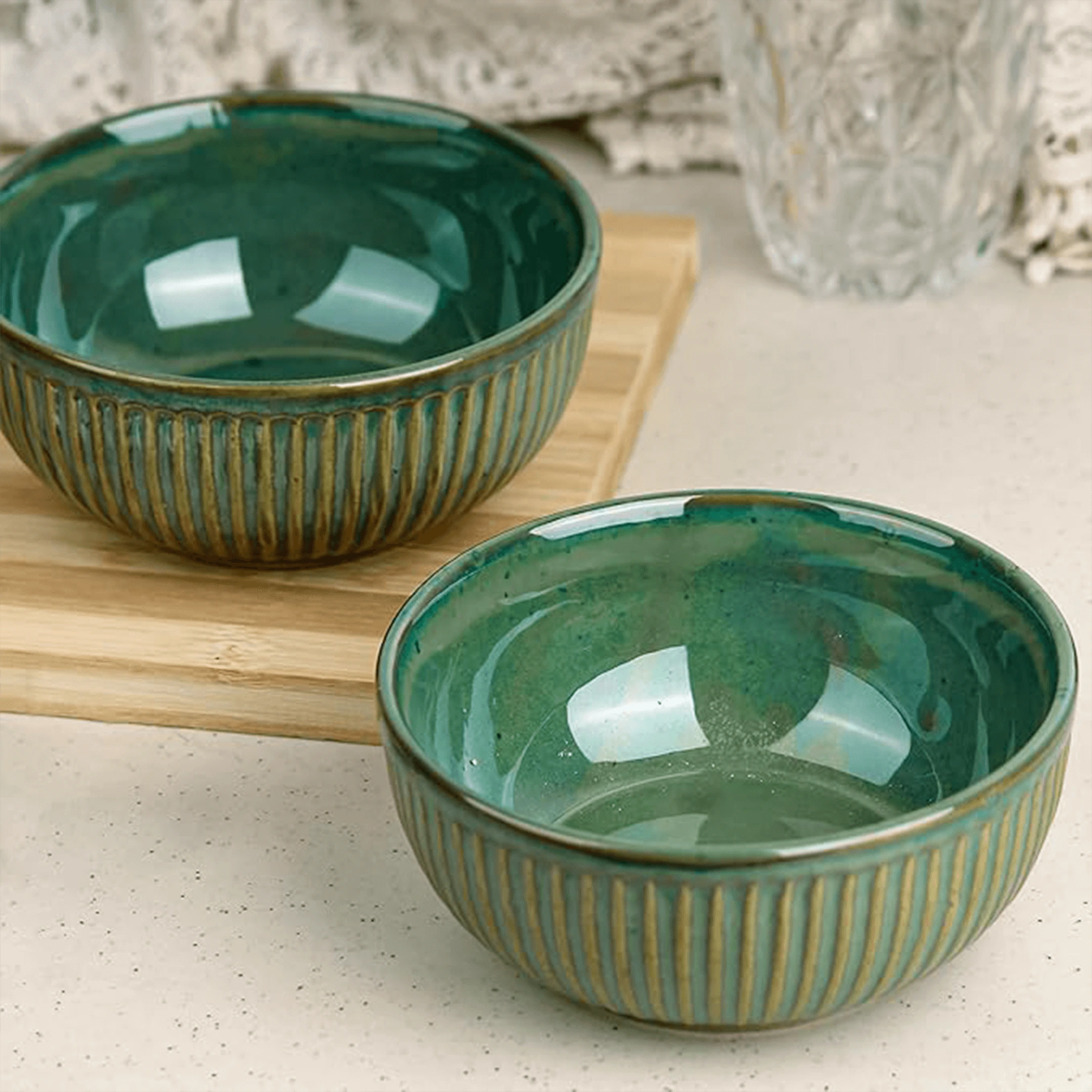 Ceramic Handpainted Serving Bowl – Sea Green Linear Design, 250ml (Set of 2 & 4)