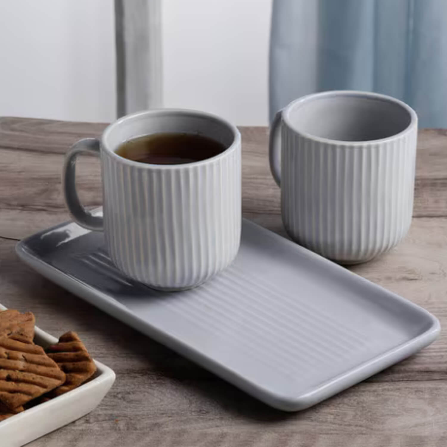 Handprinted Glossy Striped Pattern Premium Ceramic Tea Cup Set (3-Piece Morning Set)