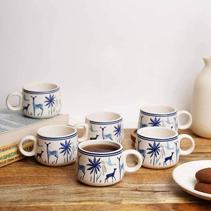 Forest Handpainted Stoneware Tea & Coffee Cup Set - Set of 6 | Premium Microwave-Safe Serveware with Beautiful Design (Alive Forest)