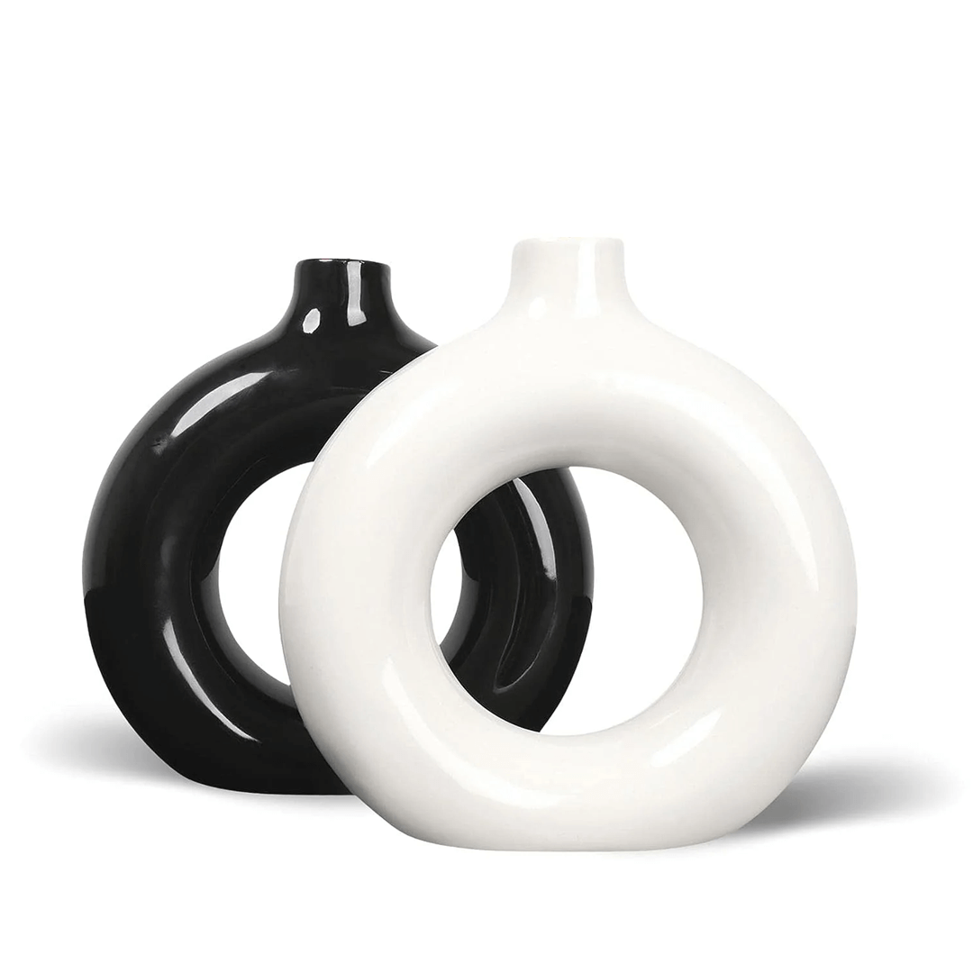 Tashinest Luxe Dual-Tone Donut Ceramic Vase Set – Black & White Round Pampas Grass Vases (Pack of 2)